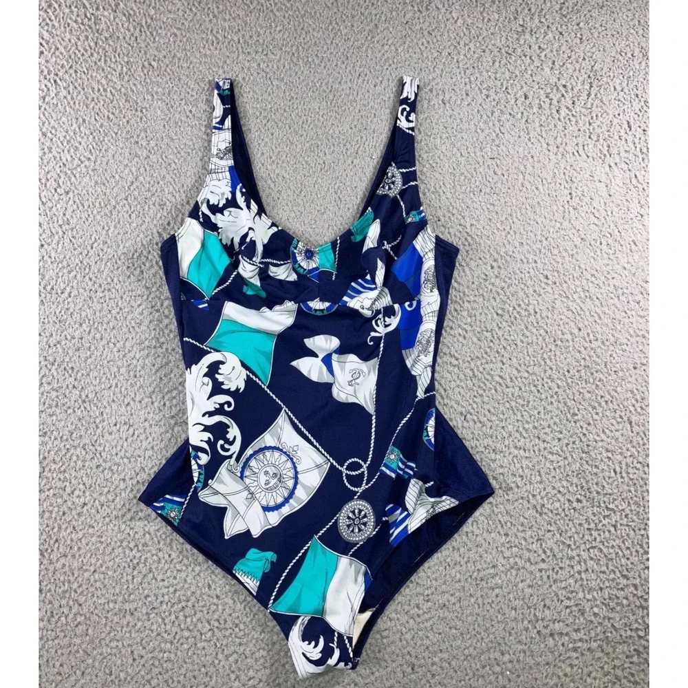 One Piece Swimsuit Women‎ 16 Navy Blue Baroque Print Nautical Coastal Vacation